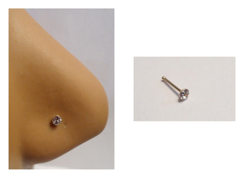 10K Yellow Gold Clear 2mm Crystal Nose Bone Ball End Pin Stud Ring 22 gauge 22g - I Love My Piercings!