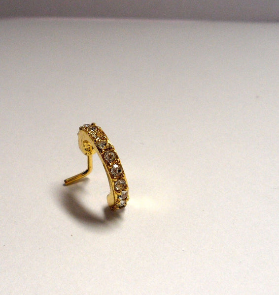 COCHARM 14K Solid Gold Nose Stud 20g Yellow Gold L Bend Nostril Nose Stud 7mm Long Nose Piercing 14kt Real Gold Nose Stud Nose Ring Sparkling CZ Nickle Free Nose Bone