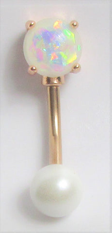 14k Gold Plated White Opalite Pearl VCH Clit Clitoral Hood Bar 14 gauge 14g