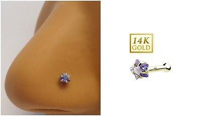 14K Yellow Gold Purple Star Crystal Nose Bone Ball End Stud Ring 20 gauge 20g