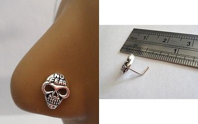 Sterling Silver Nose Stud Pin Ring L Shape Post No Fear Skull 20g 20 gauge - I Love My Piercings!