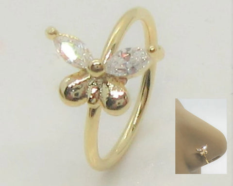 20G Gold Nose Ring Hoop Clear CZ Diamond Crystal Butterfly Nose Ring 20 gauge Nose Jewelry Nostril Ring