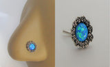 Sterling Silver Blue Opal Flower Nose Bent L Shape Stud Pin Post 20 gauge 20g