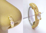 18K Yellow Gold Plated Nose Hoop Stud Clear Gem Solitaire Crystal 18 gauge 18g