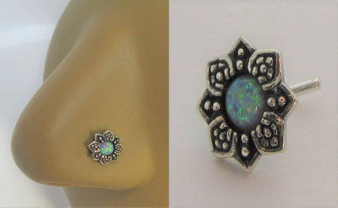 Sterling Silver Nose Stud Pin Ring Bent L Shape Flower Green Opal 20 gauge