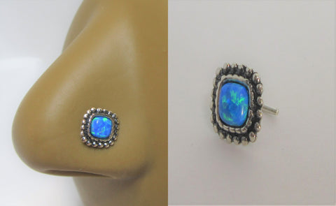 Sterling Silver Nose Stud Pin Ring Bent L Shape Beaded Blue Opal 20 gauge - I Love My Piercings!