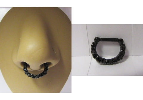 Surgical Steel Loaded Black Titanium Crystal Gem Septum Hoop Snap in Post 14g