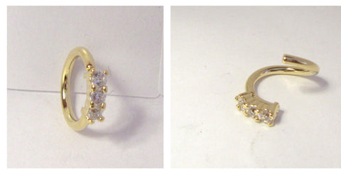 18k Gold Plated 3 Clear Crystals Cartilage Hoop Ring Seamless 16 gauge 16g 8 mm - I Love My Piercings!