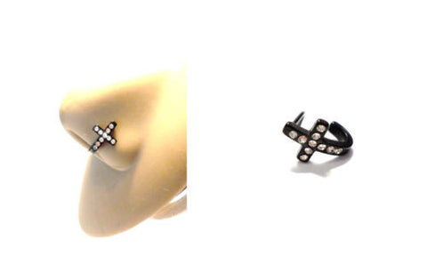 Black Titanium L Shape Nose Ring Stud Hoop Cross Clear CZ Crystals 20 gauge 20g - I Love My Piercings!