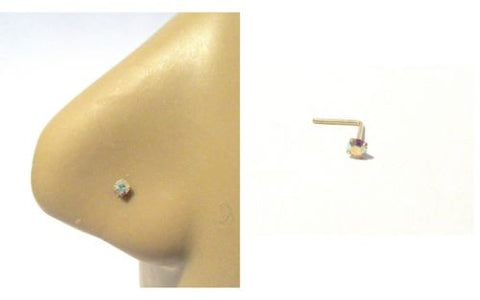 10k gold L shape Iridescent 2 mm claw set crystal CZ Nose Pin Bent Stud 22 gauge - I Love My Piercings!
