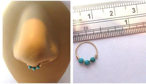 10K Yellow Gold Turquoise Beaded Septum Hoop Ring Thinner 20 gauge 20g 8 mm - I Love My Piercings!