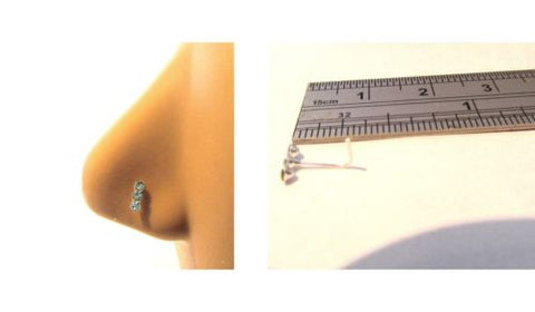 Aqua Triple CZ Crystal Nose Ring Stud Pin L Shape Sterling Silver 22 gauge 22g - I Love My Piercings!