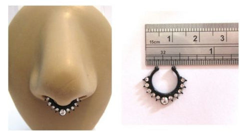 Black Titanium Fake Faux Clear Crystal CZ Flower Septum Nose Ring Hoop - I Love My Piercings!