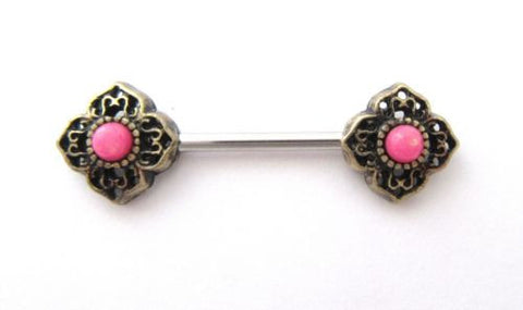 Pink Opalite Filigree Flower Straight Bar Post Barbell Nipple Ring 14 gauge 14g - I Love My Piercings!