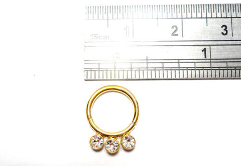 Gold Titanium Triple Gem Crystal CZ Seamless Hoop 16 gauge 16g 8 mm diameter - I Love My Piercings!