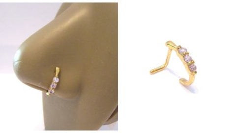18K Gold Plated L Shape Nose Ring Stud Hoop Light Pink CZ Crystals 18 gauge 18g - I Love My Piercings!