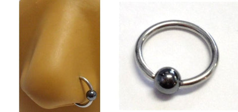 Surgical Steel Hematite Bead Captive Nose Nostril Ring Hoop 14g 14 gauge 10mm - I Love My Piercings!