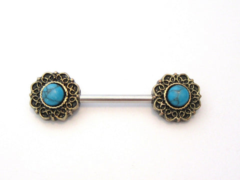 Ornate Turquoise Stone Flower Straight Bar Post Barbell Nipple Ring 14 gauge 14g - I Love My Piercings!