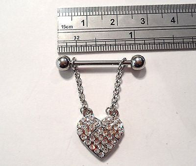 Surgical Steel Crystal Dangle Heart CZ Gem Nipple Barbell Ring 14 gauge 14g - I Love My Piercings!