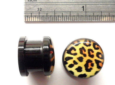 Pair Black Brown Leopard Acrylic Screw Back Double Flare Plugs 1/2 inch - I Love My Piercings!