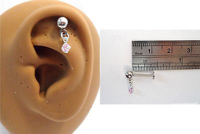 Cartilage Helix Tragus Crystal Square Gem Ear Stud Barbell 16 gauge 16g Pink - I Love My Piercings!