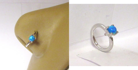 Surgical Steel Solitaire Blue Opal Opalite Nose Nostril Hoop Ring 16 gauge 16g - I Love My Piercings!