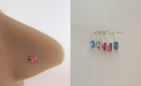 5 Pc Sterling Silver Square Gem Crystal Nose Studs L Shape Pins Rings 22 gauge