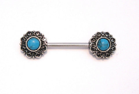 Blue Turquoise Stone Flower Straight Bar Post Barbell Nipple Ring 14 gauge 14g - I Love My Piercings!