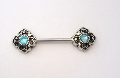 Ornate Aqua CZ Crystal Flower Straight Bar Post Barbell Nipple Ring 14 gauge 14g - I Love My Piercings!