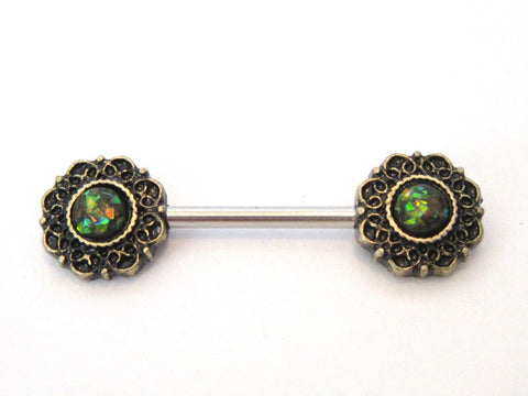 Green Opalite Flower Straight Bar Post Barbell Nipple Ring 14 gauge 14g - I Love My Piercings!