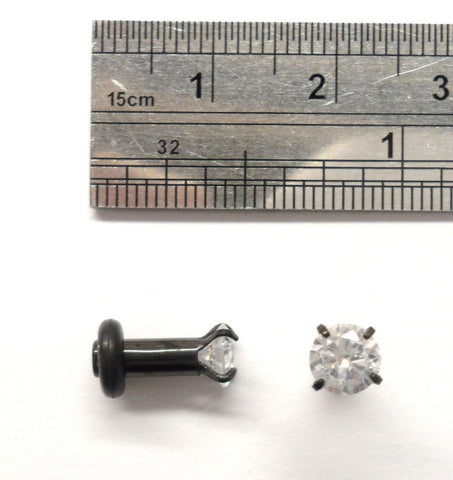 Pair Black Titanium Crystal Solitaire Clear CZ Single Flare Plugs 8 gauge 8g - I Love My Piercings!