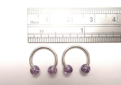 Pair Surgical Steel Horseshoes Purple Glitter Balls Cartilage Lip Rings 16 gauge - I Love My Piercings!