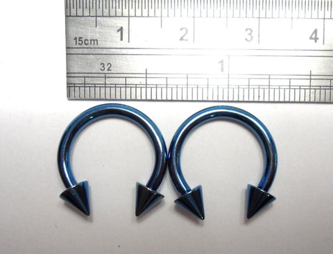 Pair Blue Titanium Horseshoes Spikes Cartilage Lobe Rings 12 gauge 12g 12 mm - I Love My Piercings!