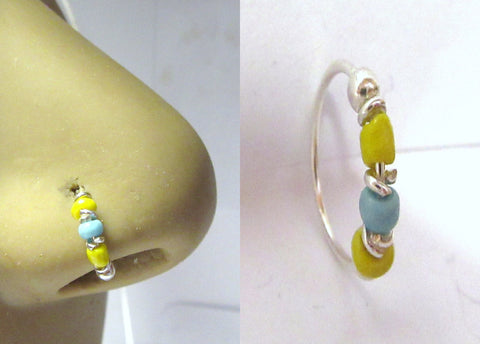 Sterling Silver Thin Nose Hoop Yellow Blue Beaded Ring 22 gauge 8 mm Diameter - I Love My Piercings!