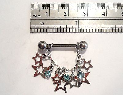 Stainless Steel Straight Barbell Blue Crystal Stars Nipple Ring 14 gauge 14g - I Love My Piercings!