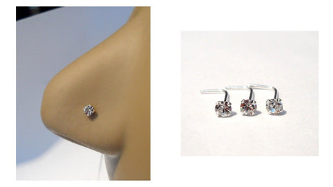 3 Sterling Silver 4 Claw Clear CZ Crystal Nose Studs L Shape Pins 22 gauge 22g - I Love My Piercings!