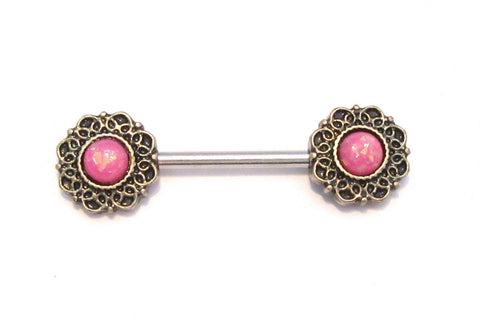 Pink Opalite Stone Flower Straight Bar Post Barbell Nipple Ring 14 gauge 14g - I Love My Piercings!