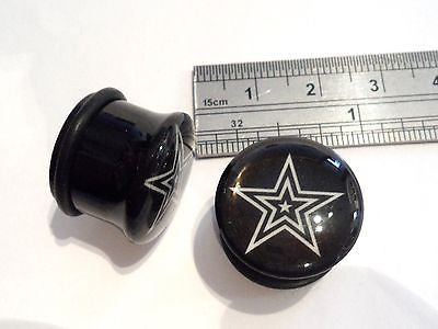 Pair 2 pieces Single Flare White Star Black Plugs O rings 5/8 inch - I Love My Piercings!