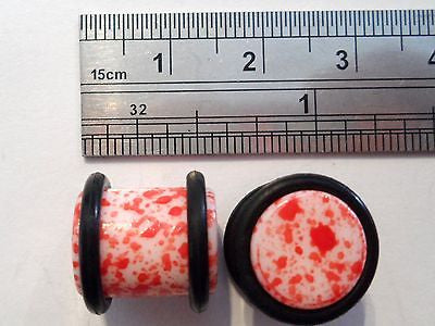 2 pieces Pair Red Paint Splatter No Flare Lobe Plugs 00 gauge 00g O rings - I Love My Piercings!