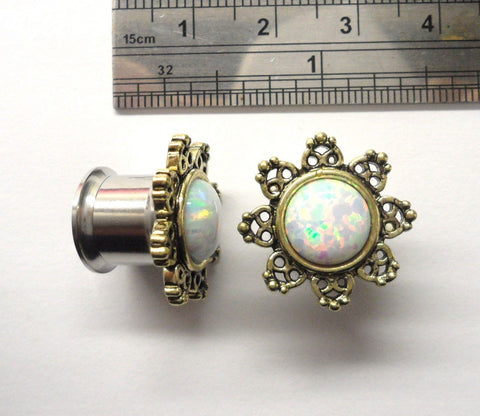 Surgical Steel Star Flower Opal Double Flare Ear Lobe Jewelry Plugs 00 gauge 00g - I Love My Piercings!