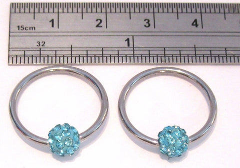 Surgical Steel Aqua Crystal Ball Earrings Ear Lobe Hoops Captives 14 gauge 14g - I Love My Piercings!