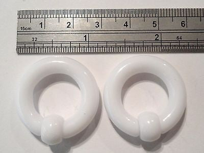 Pair White Acrylic Captives No Tool Stretched Lobe Hoops Rings Plugs 2 gauge 2g - I Love My Piercings!