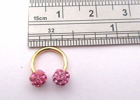 Gold Titanium Small 8 mm Horseshoe Hoop Ring Pink Crystal Balls 16 gauge 16g - I Love My Piercings!