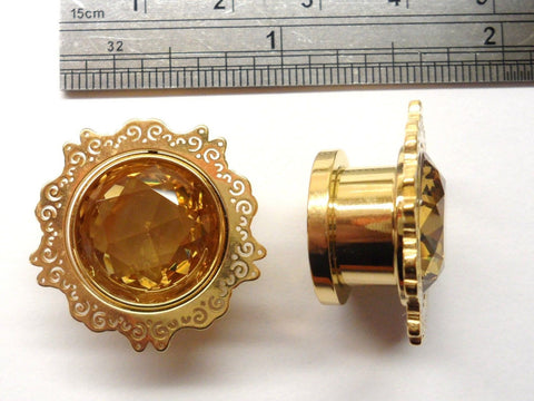 Gold Titanium Amber Filigree Ornate Ear Lobe Jewelry Screw Plugs 1/2 inch - I Love My Piercings!