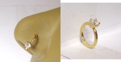 18k Gold Plated Solitaire Clear CZ Crystal Nose Nostril Hoop Ring 16 gauge 16g - I Love My Piercings!