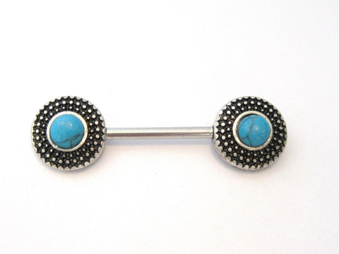 Turquoise Stone Shield Straight Bar Post Barbell Nipple Ring 14 gauge 14g - I Love My Piercings!