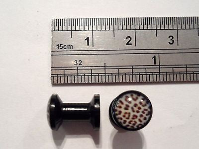 2 pieces Black Acrylic Flesh Snow Leopard Plugs Screw on Back Fit 6g 6 gauge - I Love My Piercings!