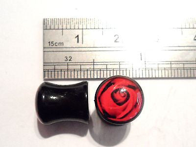 Pair 2 pieces Double Flare Acrylic Black Red Rose Plugs Ear Lobe 0 gauge 0g - I Love My Piercings!