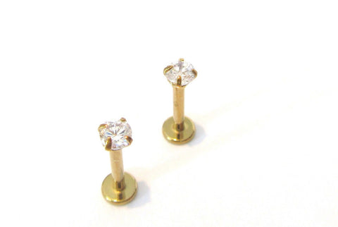 2 Pc Gold Titanium Clear 3 mm Crystal Stud Barbell Straight Post 8 mm 16 gauge - I Love My Piercings!