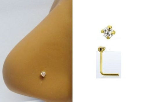 18K GOLD Plated Claw Set Clear CZ Crystal Nose Ring Pin L Shape 22 gauge 22g - I Love My Piercings!